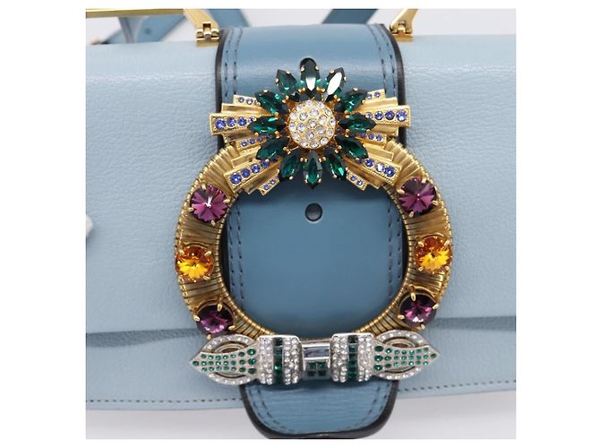 Borsa a tracolla Miu Miu Madras in pelle azzurro tono oro Auth ka6472V Blu chiaro - vista 18