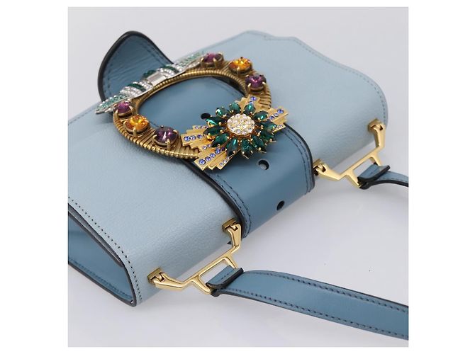 Borsa a tracolla Miu Miu Madras in pelle azzurro tono oro Auth ka6472V Blu chiaro - vista 6