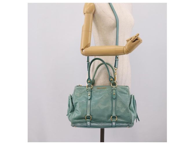 Bolsa de mão Miu Miu em couro 2way azul tom dourado Auth 206643V - vista 28