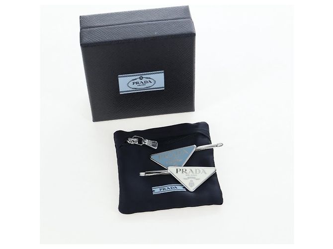 PRADA Haarklammern 2er Set Haarspangen Metall Silber Blau Auth 206677M - Ansicht 16