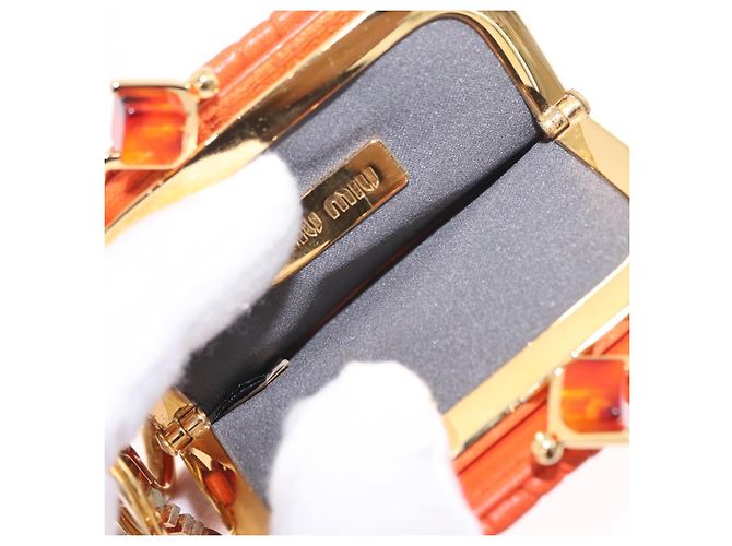 Miu Miu Sword Wallet Matelassé mit Leder-Charm Orange Goldfarben Auth 167697M - Ansicht 10