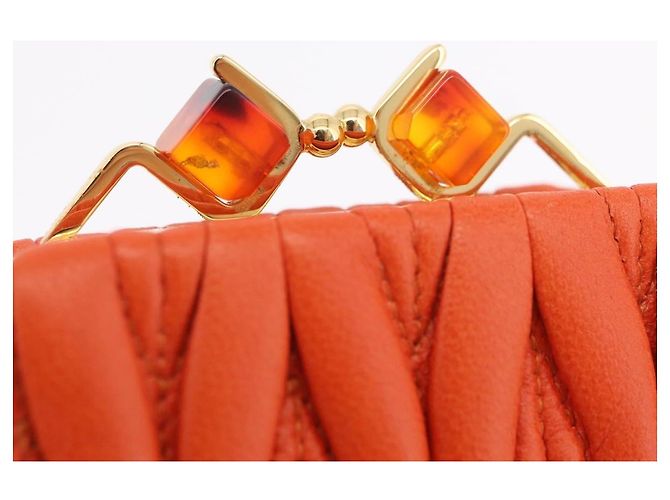 Miu Miu Sword Wallet Matelassé mit Leder-Charm Orange Goldfarben Auth 167697M - Ansicht 20
