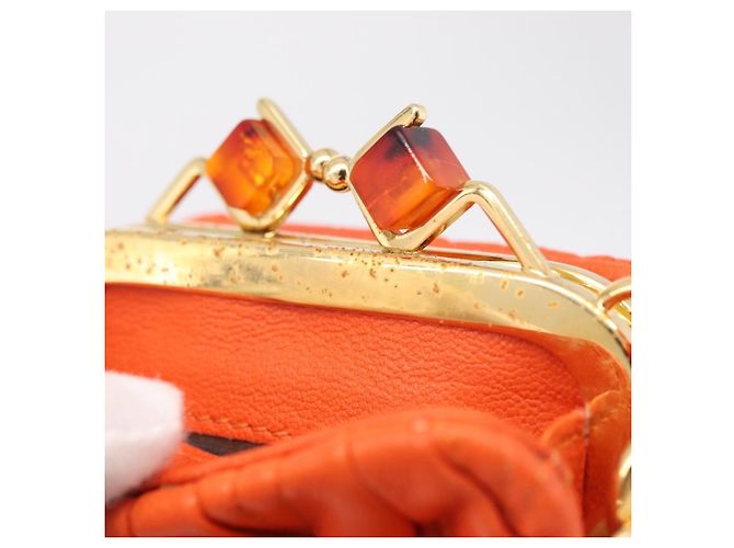 Miu Miu Sword Wallet Matelassé mit Leder-Charm Orange Goldfarben Auth 167697M - Ansicht 25