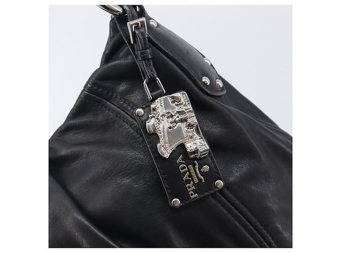 Bolsa de Ombro PRADA em Couro Preta Prata BR4519 Auth am12738V Preto - vista 15