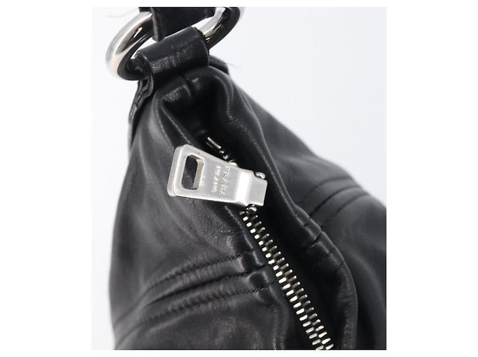 Bolsa de Ombro PRADA em Couro Preta Prata BR4519 Auth am12738V Preto - vista 17