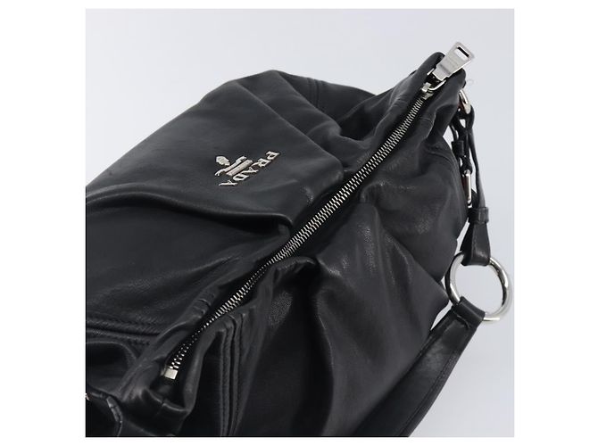Bolsa de Ombro PRADA em Couro Preta Prata BR4519 Auth am12738V Preto - vista 18