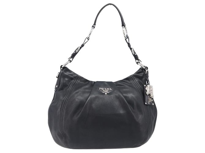 Bolsa de Ombro PRADA em Couro Preta Prata BR4519 Auth am12738V Preto - vista 2