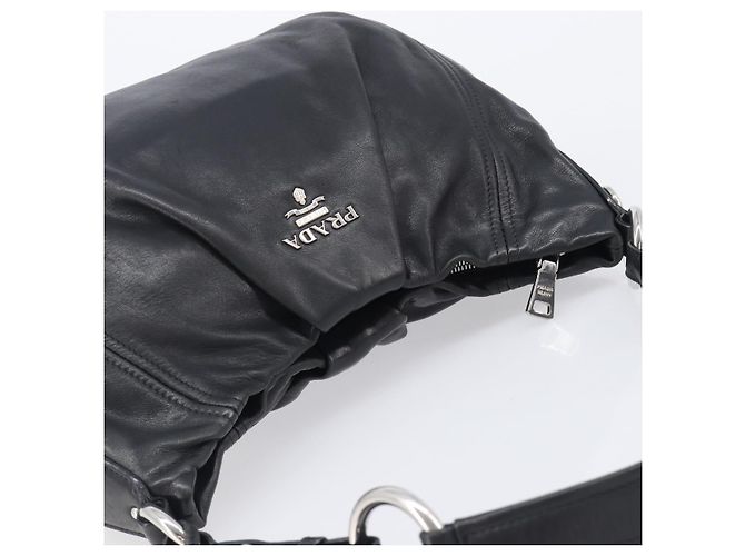 Bolsa de Ombro PRADA em Couro Preta Prata BR4519 Auth am12738V Preto - vista 6