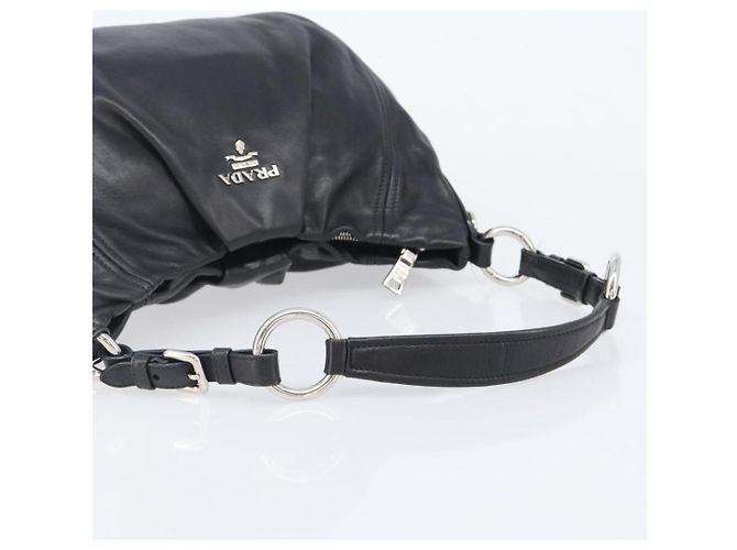 Bolsa de Ombro PRADA em Couro Preta Prata BR4519 Auth am12738V Preto - vista 7
