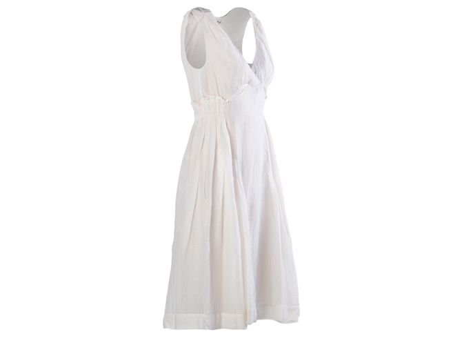 Vestido midi Miu Miu 2007 em seda e algodão com cintura smock Cru - vista 2