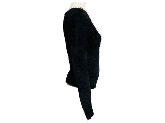 Dries Van Noten Schwarzer flauschiger Pullover mit langen Ärmeln und V-Ausschnitt - Ansicht 2