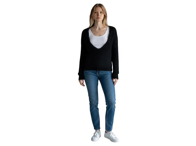 Dries Van Noten Schwarzer flauschiger Pullover mit langen Ärmeln und V-Ausschnitt - Ansicht 4