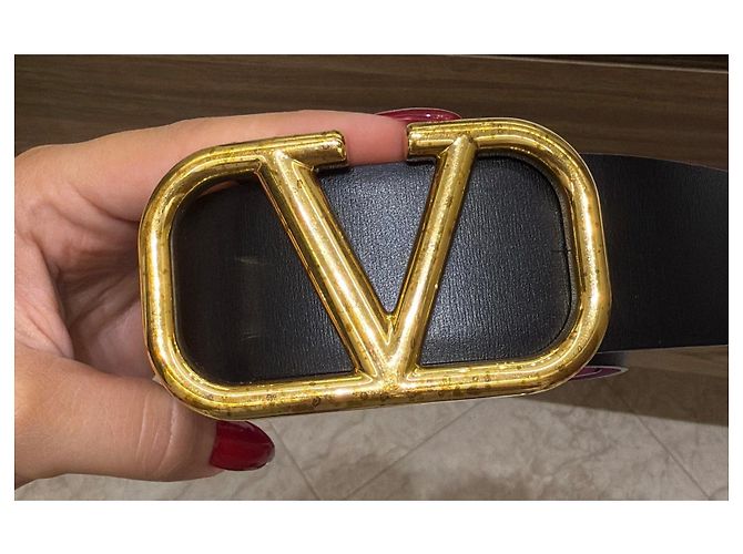 Valentino Garavani VLogo Gürtel Schwarz Leder Pink Golden - Ansicht 3