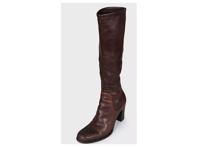 Botas altas Prada de piel marrón con bordado en la puntera, Talla 35.5, De segunda mano - vista 3