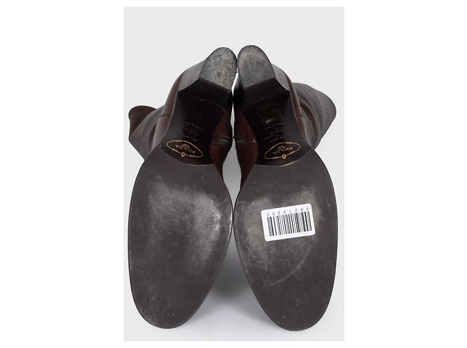 Botas altas Prada de piel marrón con bordado en la puntera, Talla 35.5, De segunda mano - vista 5