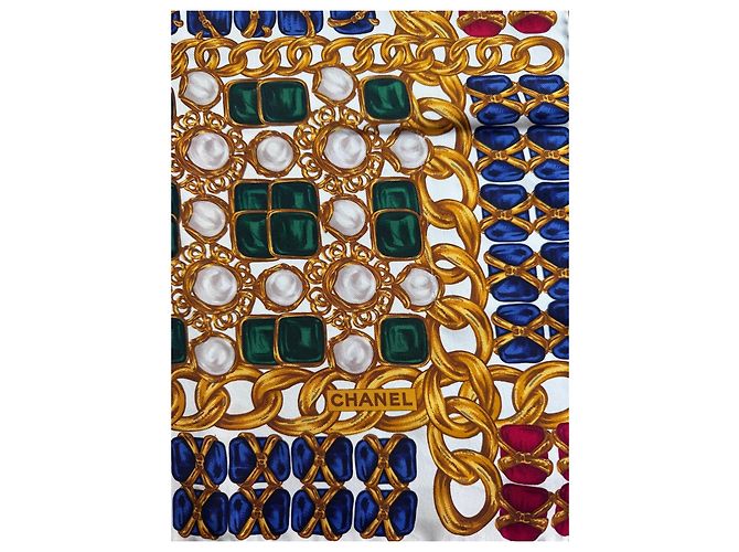 Chanel Lenço de seda estampado Rosa Branco Azul Verde Gold hardware - vista 2