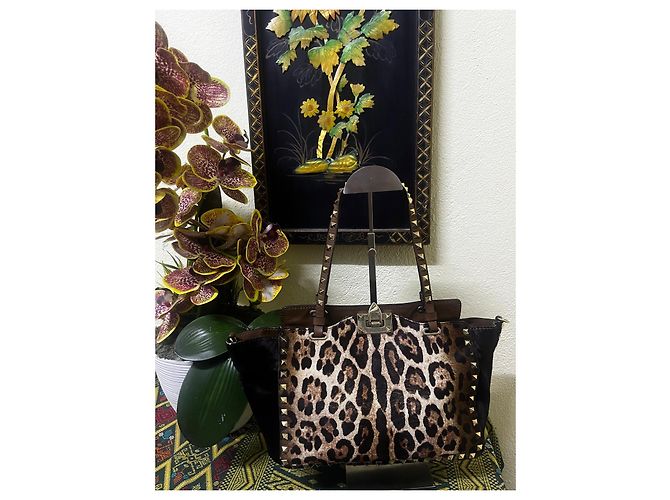 Borsa Tote Valentino Garavani Rockstud con stampa leopardata Marrone Bianco Stampa leopardo - vista 3