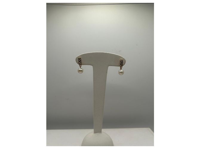 Autre Marque Brincos pendentes em ouro amarelo com pérolas e diamantes Branco Dourado - vista 4