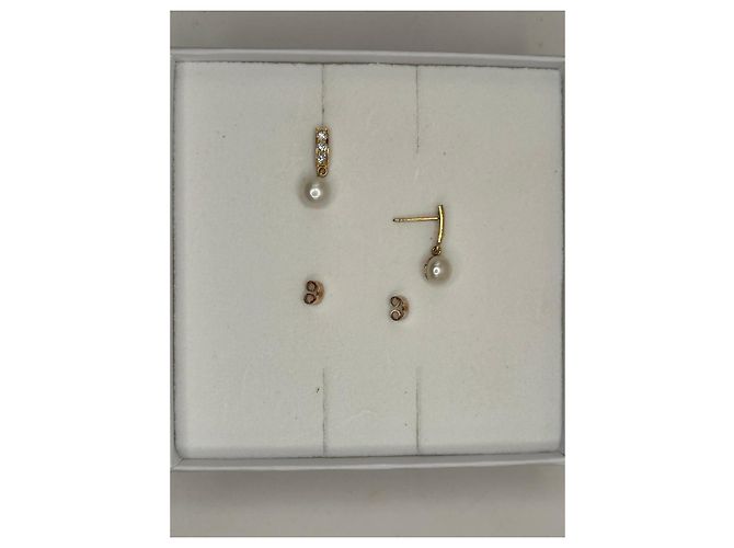 Autre Marque Brincos pendentes em ouro amarelo com pérolas e diamantes Branco Dourado - vista 6