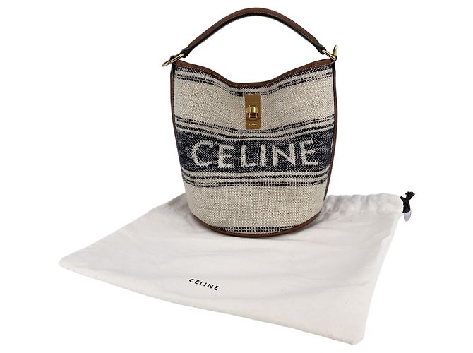 Céline Borsa a tracolla Teen Bucket 16 in tela jacquard e pelle Beige - vista 7