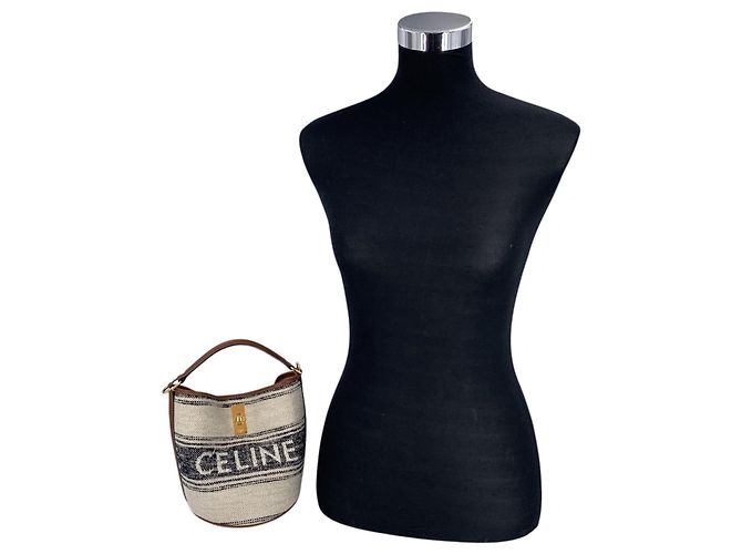 Céline Borsa a tracolla Teen Bucket 16 in tela jacquard e pelle Beige - vista 8