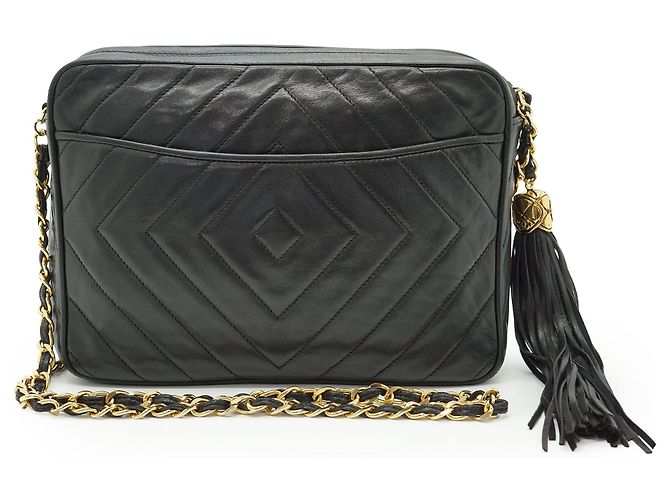 Chanel Vintage Schwarze Steppleder CC Chain Tassel Camera Bag - Ansicht 3