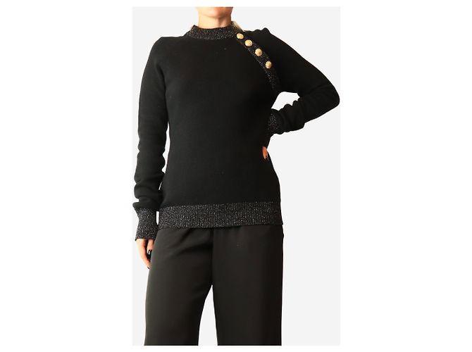 Balmain Schwarzer Lurex-Wollpullover mit Goldknöpfen - size UK 10 - Ansicht 3