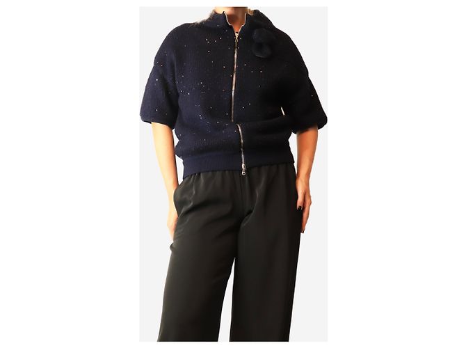Brunello Cucinelli Cardigan con zip e applicazioni blu navy - size M - vista 3