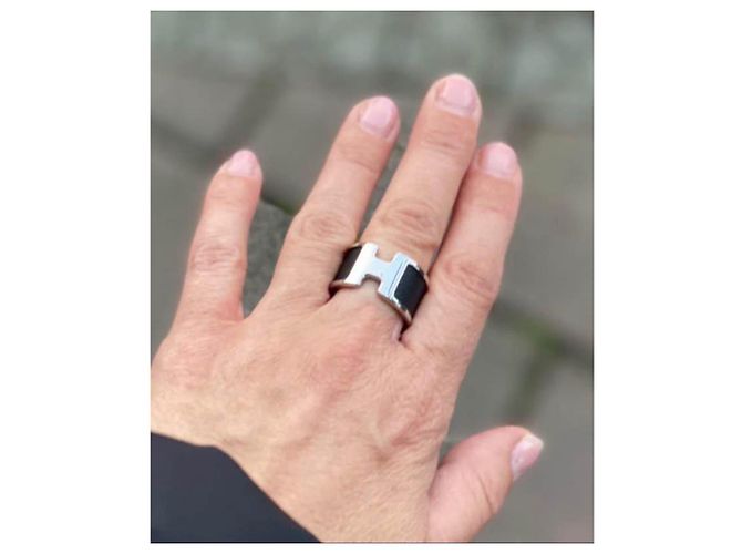 Ring Anillo Hermès "H" en plata y piel negra Negro Multicolor - vista 4