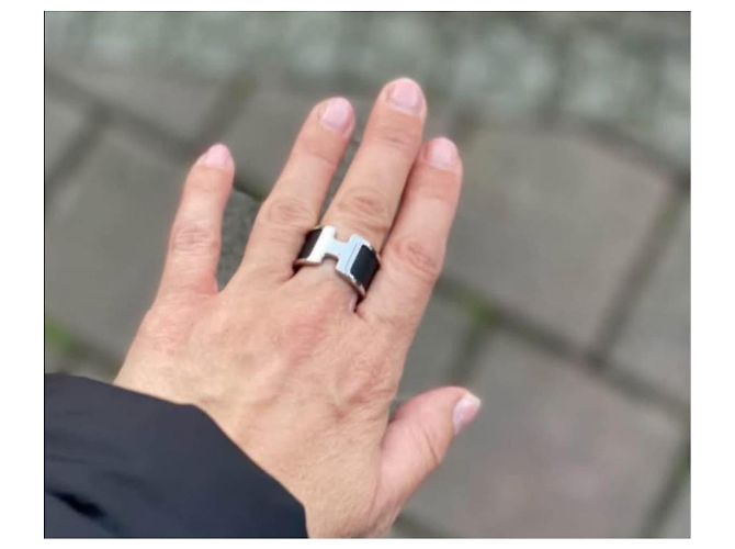 Ring Anillo Hermès "H" en plata y piel negra Negro Multicolor - vista 5
