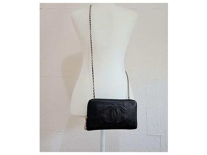 Chanel Timeless Classic Caviar Leather Zip Around Wallet On Chain Black - view 3