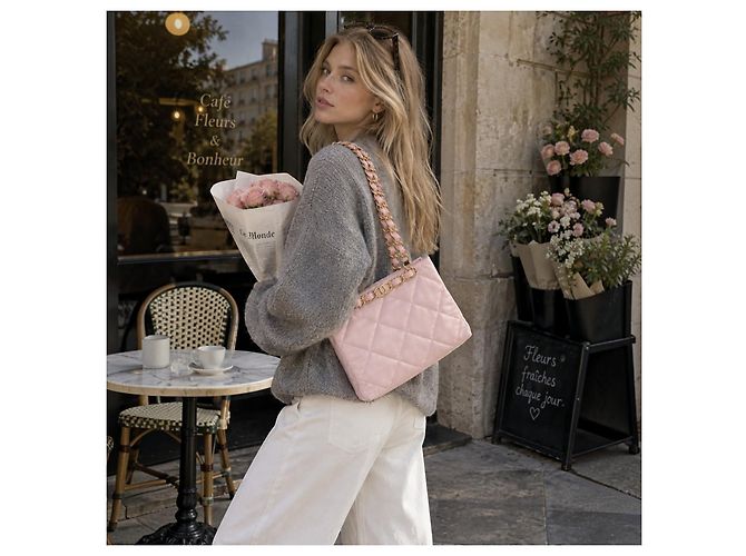 Timeless Borsa Shopping Tote Chanel CC Logo Matelasse Lambskin Chain Rosa - vista 2