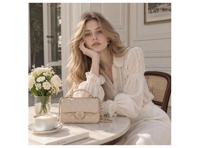 Borsa a patta porta-cellulare Chanel in pelle d'agnello matelassé beige e marrone con catena e hardware light gold, 2023 - vista 3