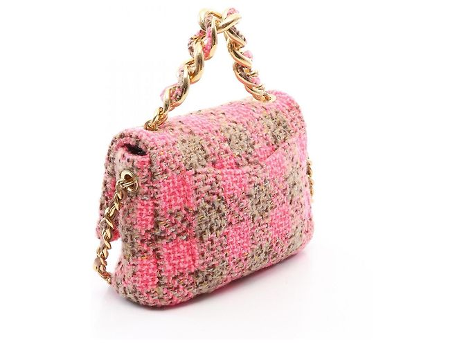 Bolsa de Ombro 2 Vias Chanel Coco Mark Turnlock Check Marrom Rosa Multicor - vista 2