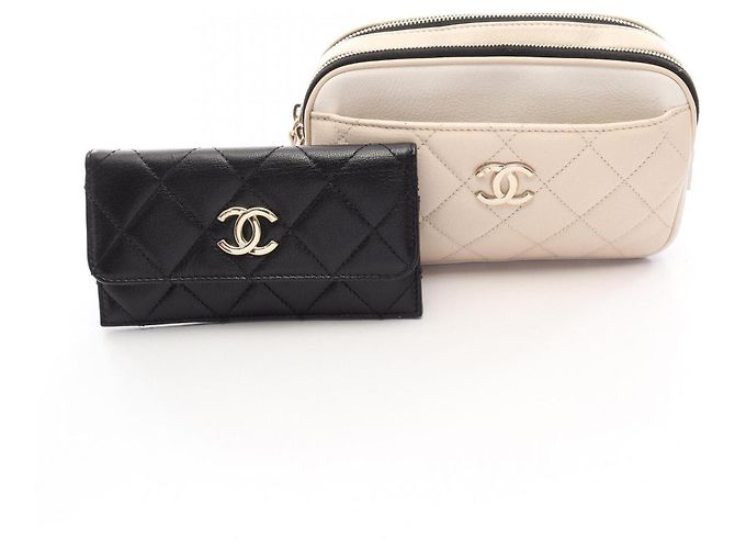 Chanel Matelassé Leder Gürteltasche/Handtasche Schwarz Weiß Beige - Ansicht 6
