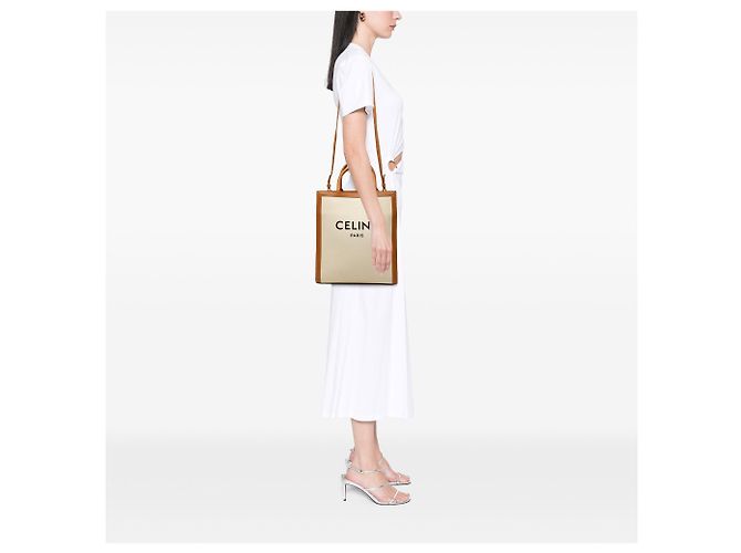 Céline Celine Brown Small Canvas Vertical Cabas Satchel Marrom Bege - vista 6