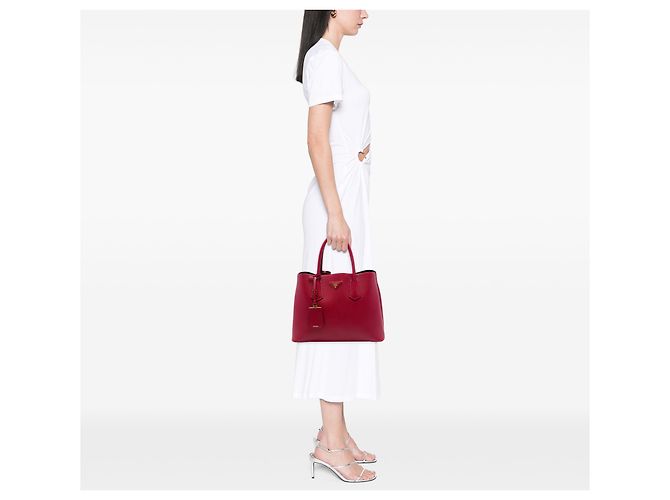 Prada Sac Satchel Double en Cuir Saffiano Rouge Medium - vue 6
