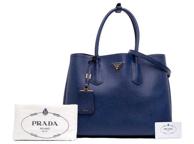 Prada Blue Large Saffiano Cuir Double Satchel Bleu - vue 7