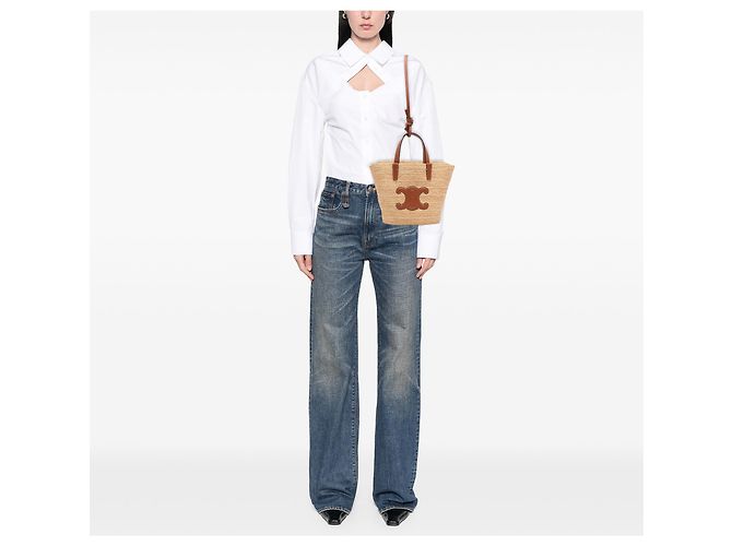 Céline Celine Beige Teen Supple Raffia Cuir Triomphe Classic Panier Tote - vista 6