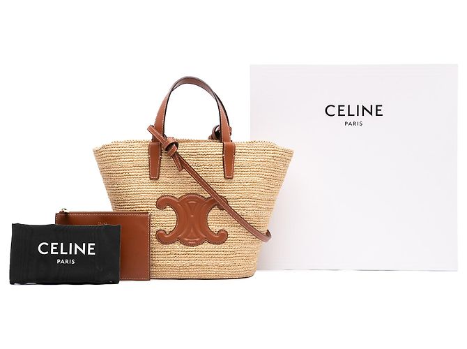 Céline Celine Beige Teen Supple Raffia Cuir Triomphe Classic Panier Tote - vista 7