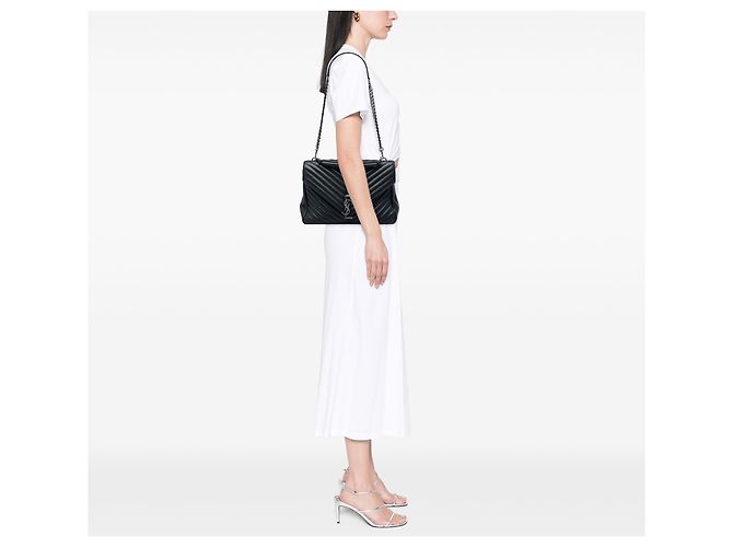 Autre Marque Borsa Satchel College Saint Laurent in pelle di pecora monogramma chevron nera Large Nero - vista 6