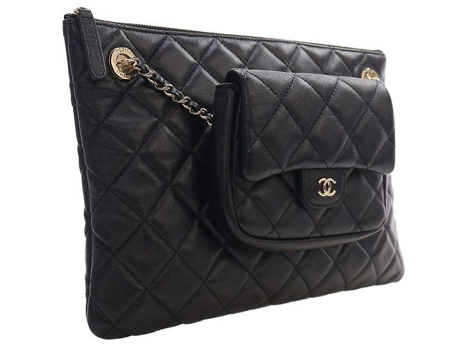 Bolsa Chanel preta em pele de cordeiro acolchoada CC com mini bolsa de aba Preto - vista 12