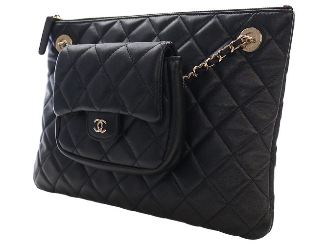 Bolsa Chanel preta em pele de cordeiro acolchoada CC com mini bolsa de aba Preto - vista 13