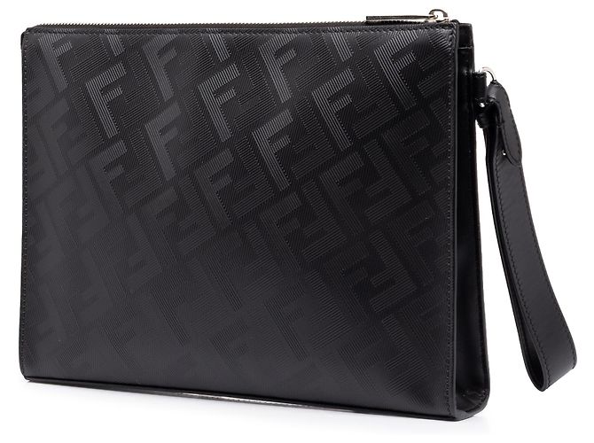 Clutch Fendi Black Zucca Shadow in pelle di vitello con zip diagonale frontale Nero - vista 2