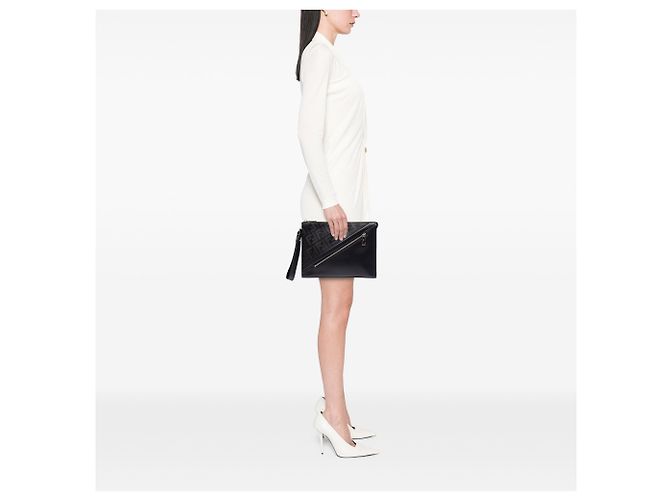 Clutch Fendi Black Zucca Shadow in pelle di vitello con zip diagonale frontale Nero - vista 6
