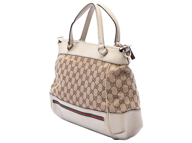 Borsa Mayfair Satchel Gucci in tela GG beige e Web - vista 2