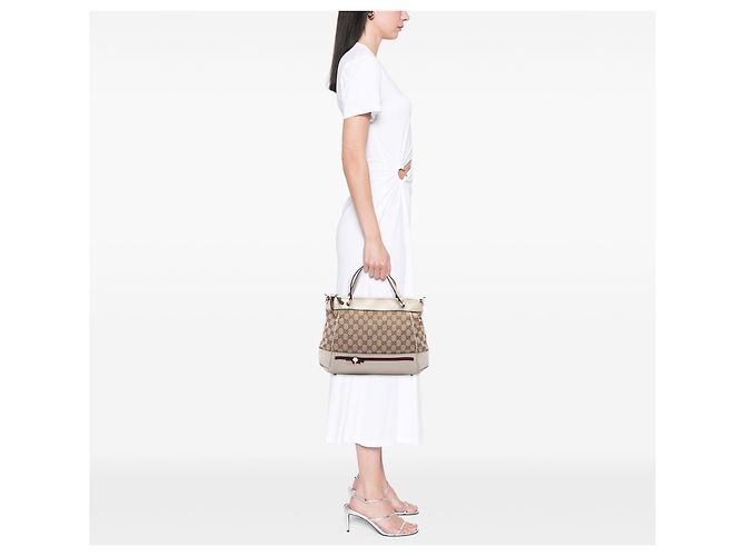 Borsa Mayfair Satchel Gucci in tela GG beige e Web - vista 6