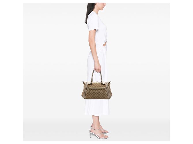 Borsa Satchel Gucci Bella in tela GG beige - vista 6