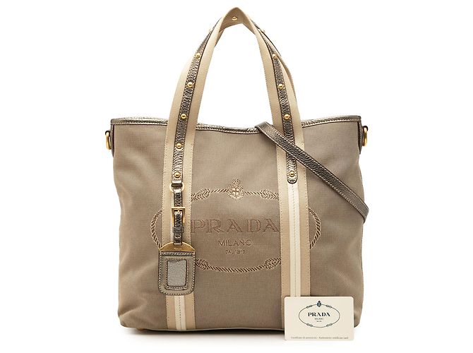 Bolsa Satchel Prada em lona Canapa bege com logo - vista 7