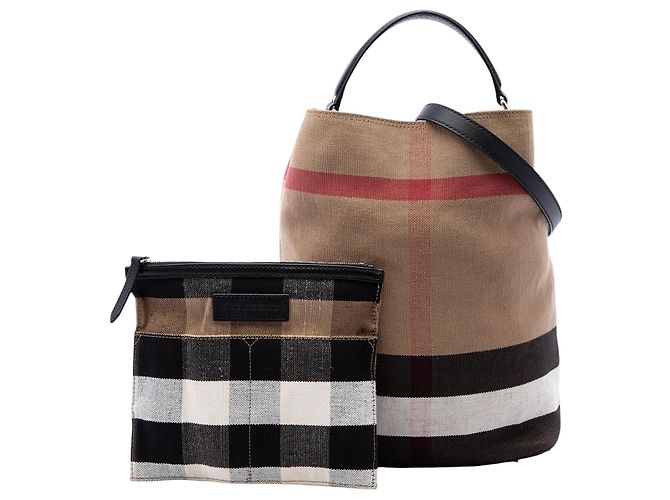 Burberry Ashby Bucket Bag aus Mega Check Canvas in Braun, Größe Medium Hellbraun - Ansicht 7